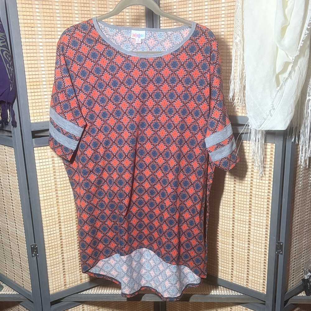 LuLaRoe Blue and Red Aztec Print Irma w/ Heather Gray Striped and Accents